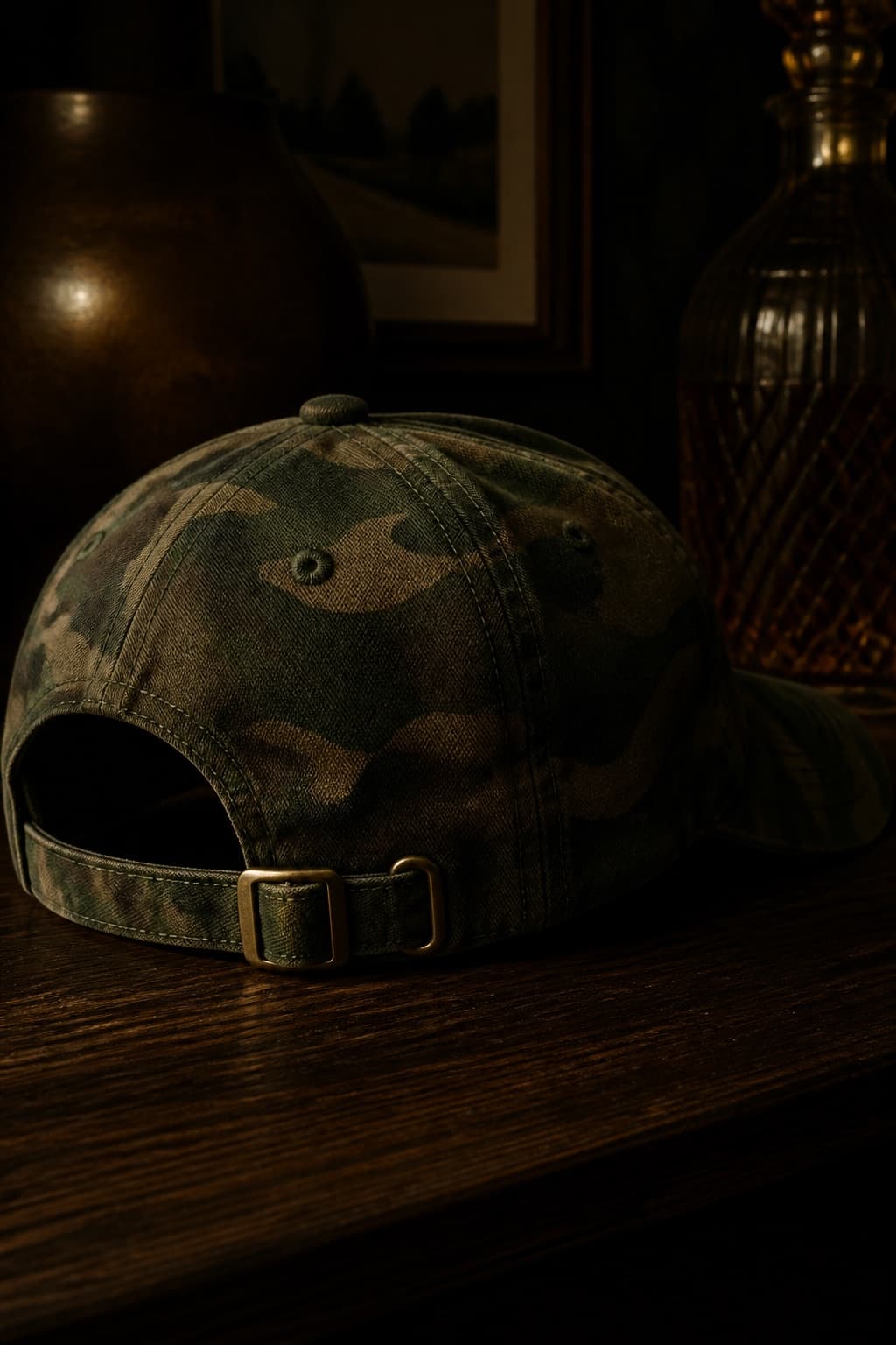 Green camo dad hat on dark walnut, antique buckle in warm light