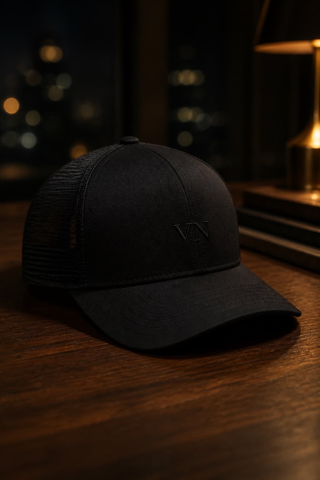 Bone mesh-back cap on dark walnut, black house mark on the front